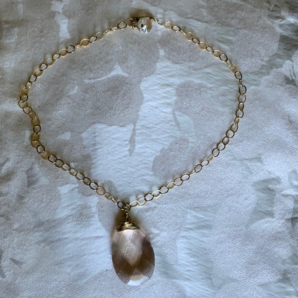 Smokey Pink Faceted Teardrop Jewel Attached to a 21” Gold Chain